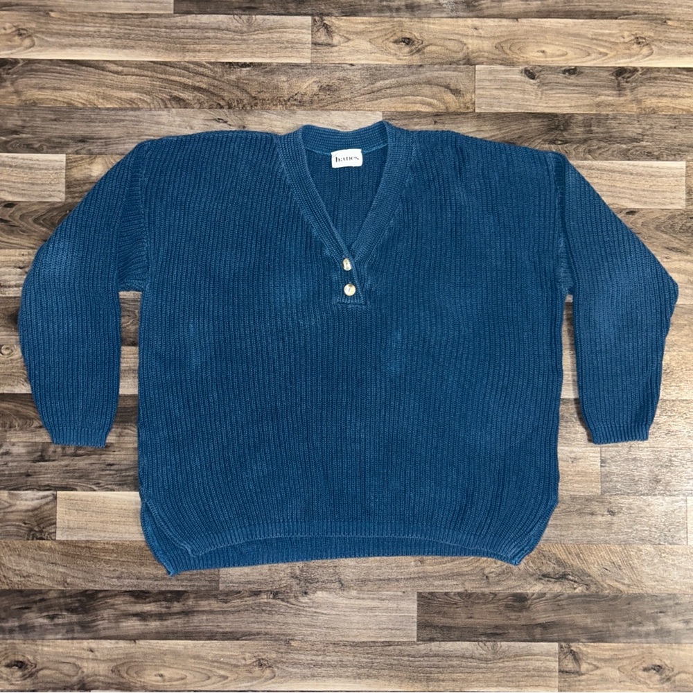 Hanes Signature Collection Vintage Blue Cotton Knit Button Pullover Sweater XL